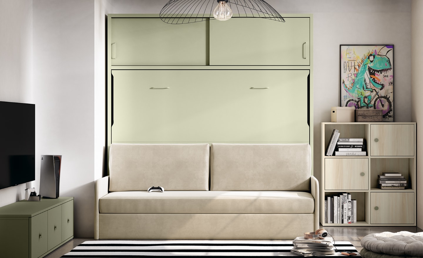 Cama Rebatível Horizontal com Sofá Sonrie 71 com prateleiras internas e sofá com arrumação inferior | Moveistore