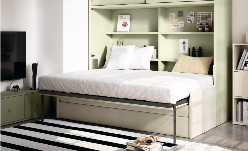 Cama Rebatível Horizontal com Sofá Sonrie 71 com prateleiras internas e sofá com arrumação inferior | Moveistore