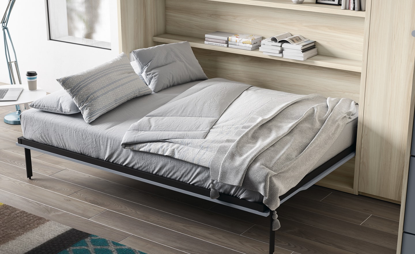 Cama Rebatível Horizontal Sonrie 69 com prateleiras interiores e acabamento moderno | Moveistore