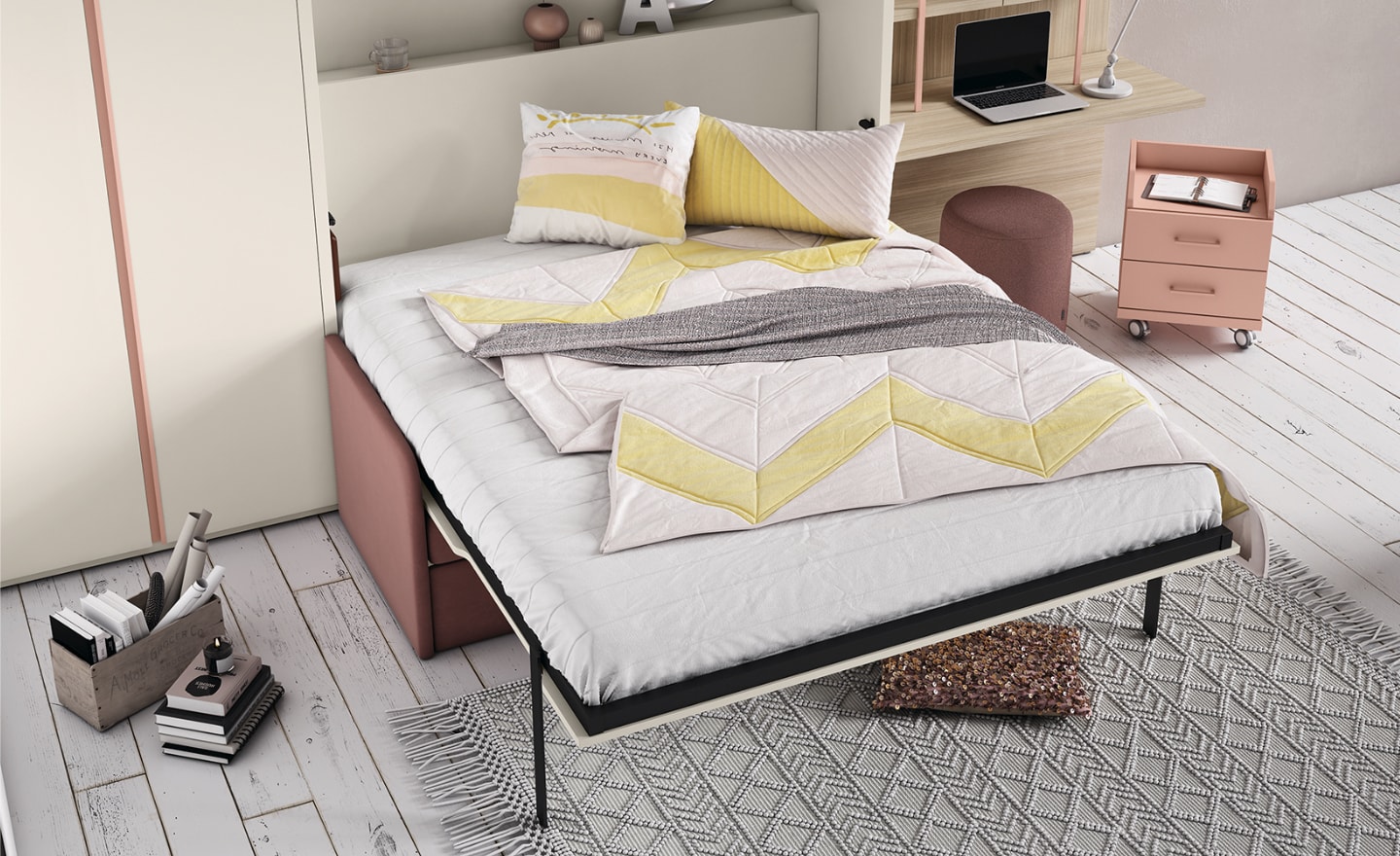 Cama Rebatível Vertical com Sofá Sonrie 70 com baú e estrutura metálica robusta | Moveistore