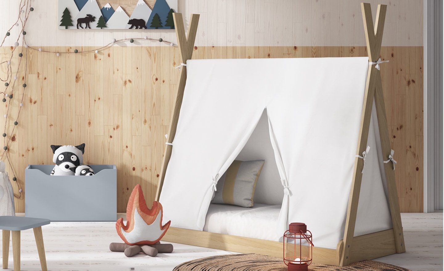 Cama Tipi Sonrie 102 com estrutura em madeira e cobertura em tecido | Moveistore