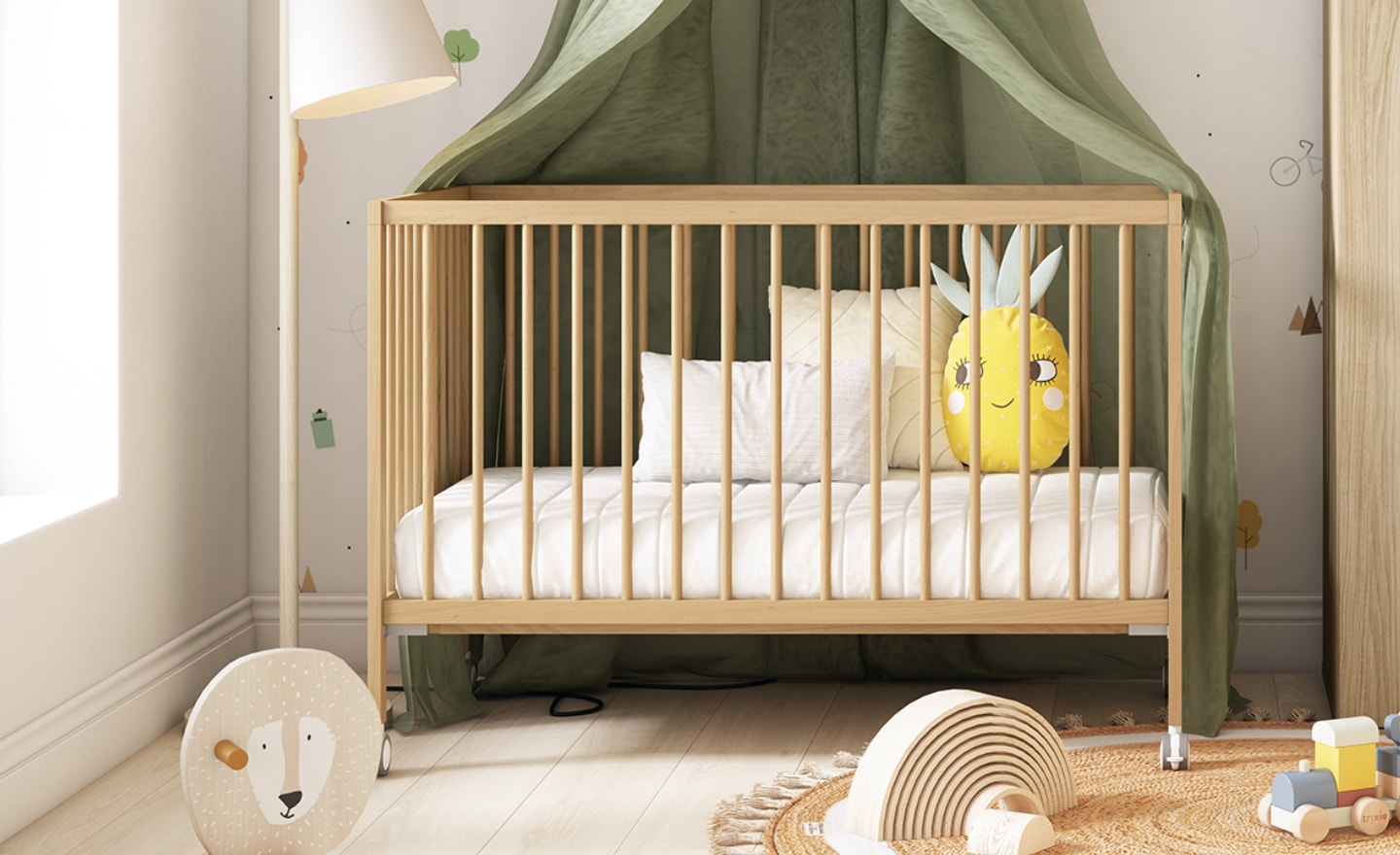 Cama de Bebé Sonrie 97 com colchão e rodas giratórias com travão | Moveistore