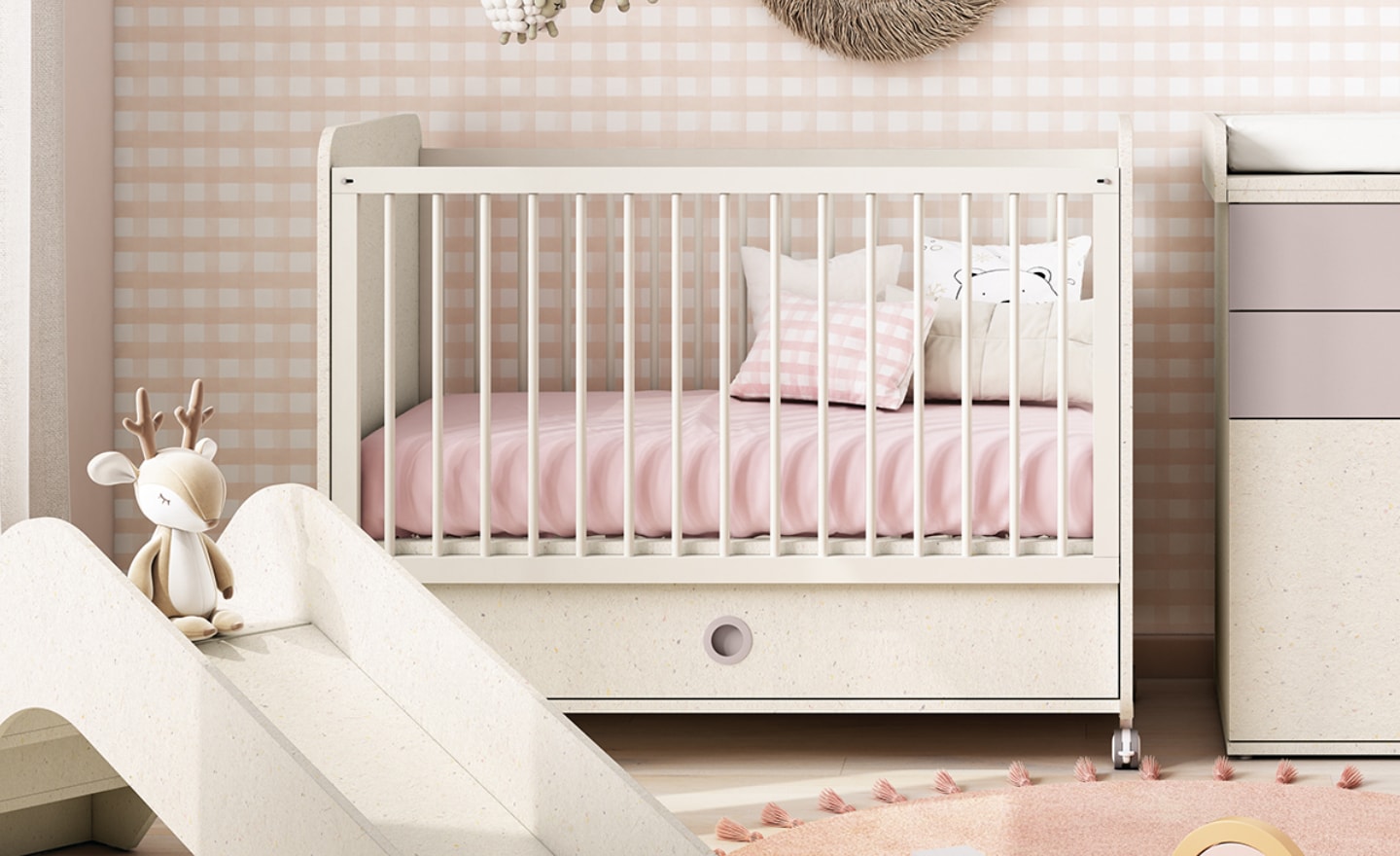 Cama de Bebé Sonrie 98 com colchão, ripas de segurança e gavetão | Moveistore