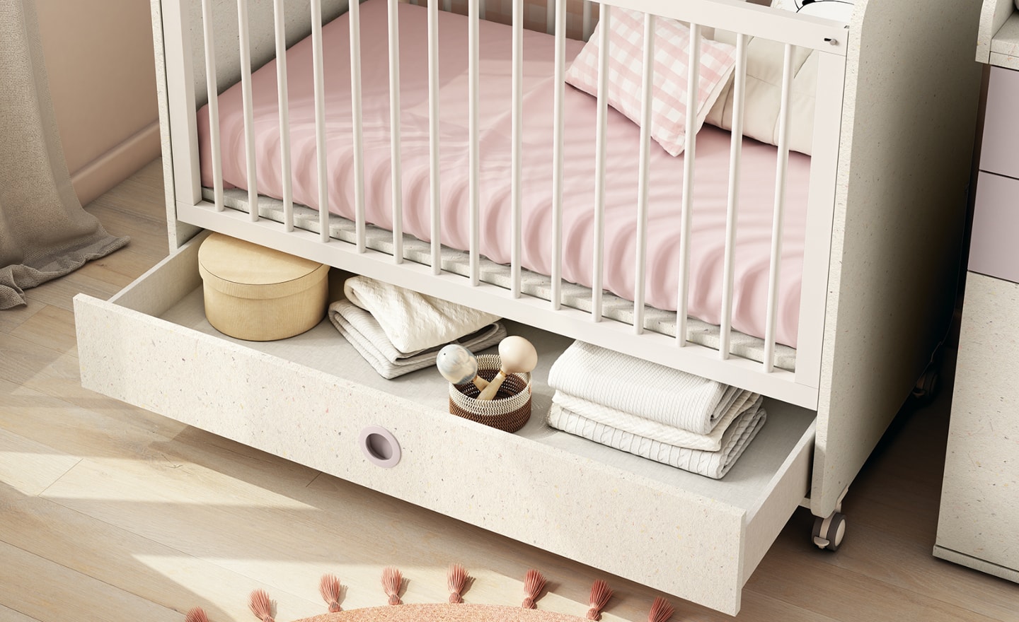 Cama de Bebé Sonrie 98 com colchão, ripas de segurança e gavetão | Moveistore