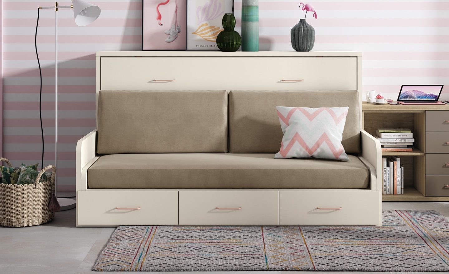 Cama Rebatível Horizontal com Sofá Sonrie 76 com almofadas e 3 gavetas integradas | Moveistore