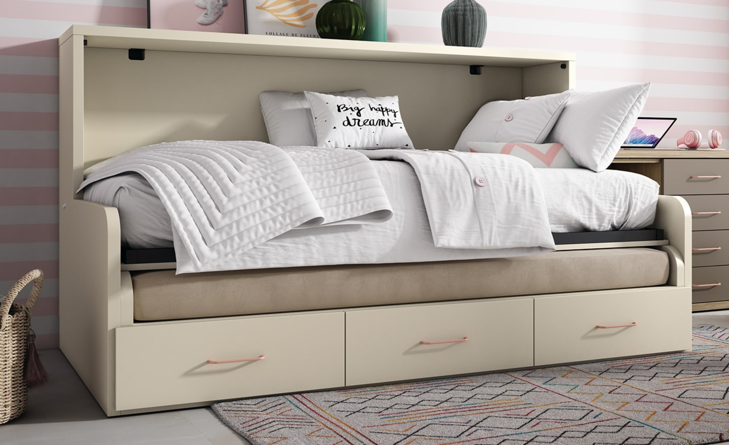 Cama Rebatível Horizontal com Sofá Sonrie 76 com almofadas e 3 gavetas integradas | Moveistore
