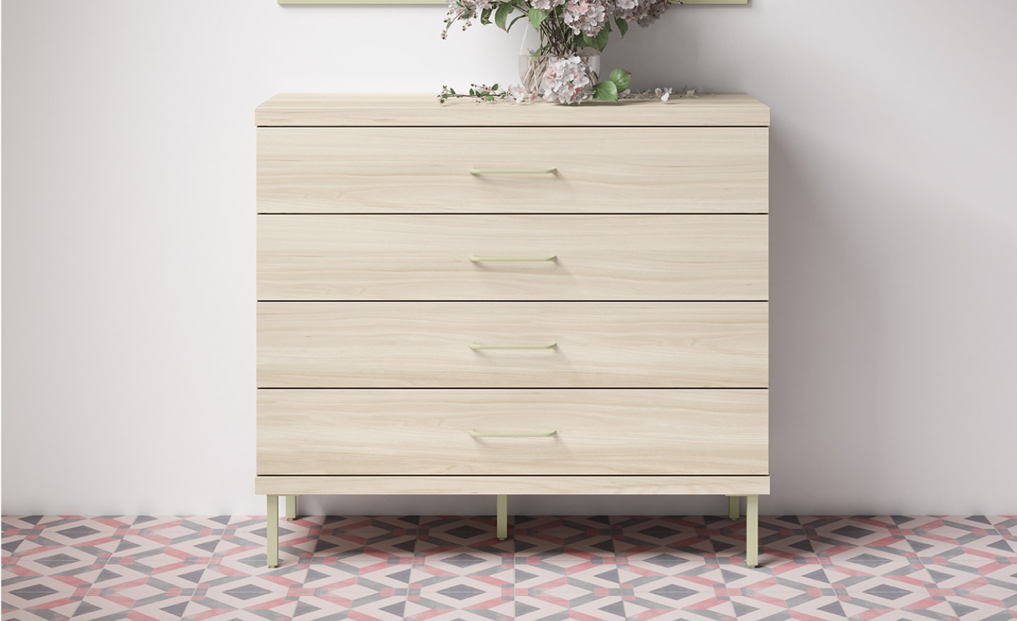Cómoda Sonrie 42 com 4 gavetas e pés metálicos para quarto juvenil