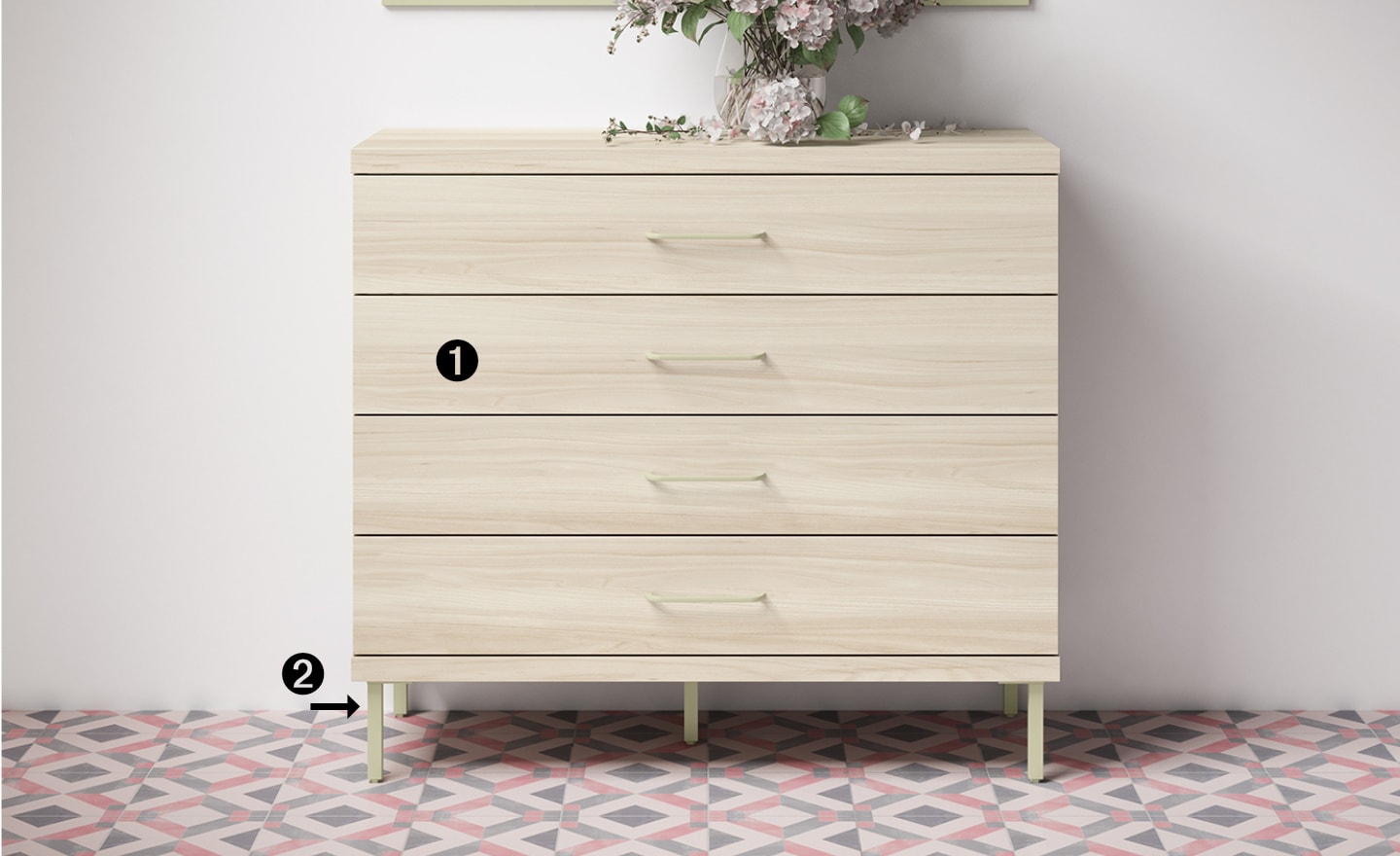 Cómoda Sonrie 42 com 4 gavetas e pés metálicos para quarto juvenil