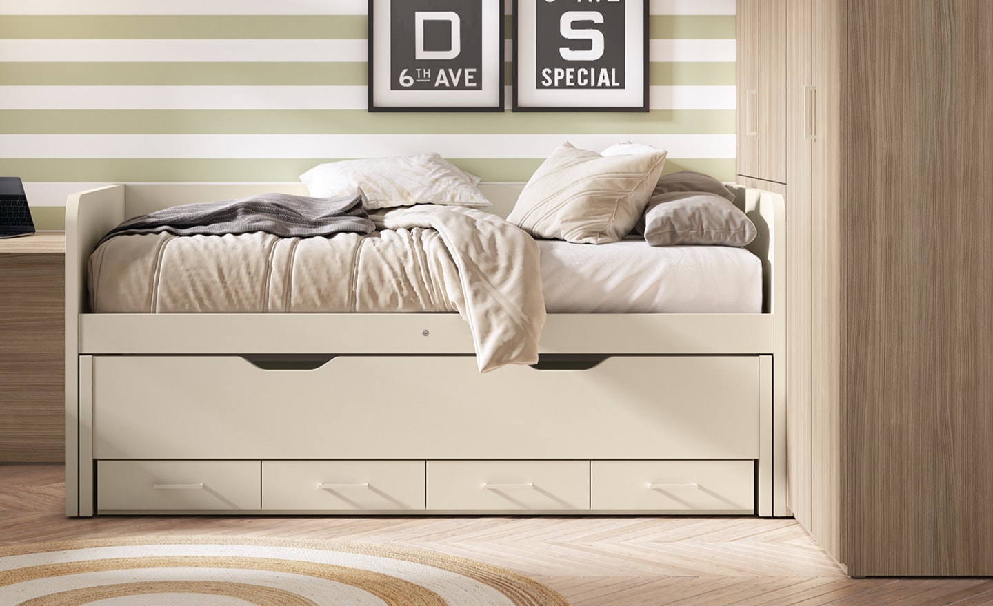 Cama Compacto 45 Sonrie 34 com cama deslizante inferior e 4 gavetas integradas para arrumação juvenil | Moveistore