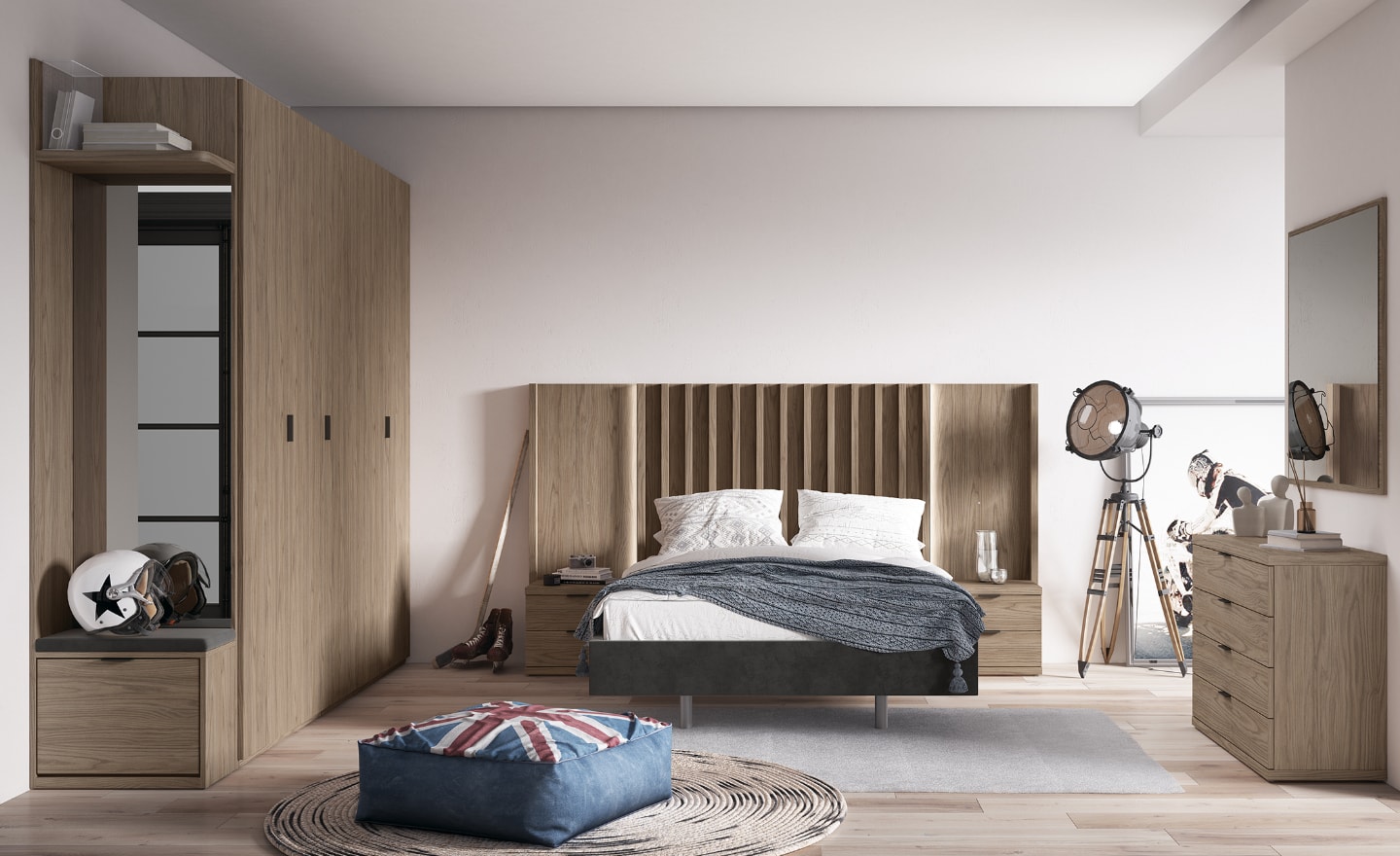 Quarto Individual Sonrie 93 com cama estofada, cabeceira LED e roupeiro espelhado | Moveistore