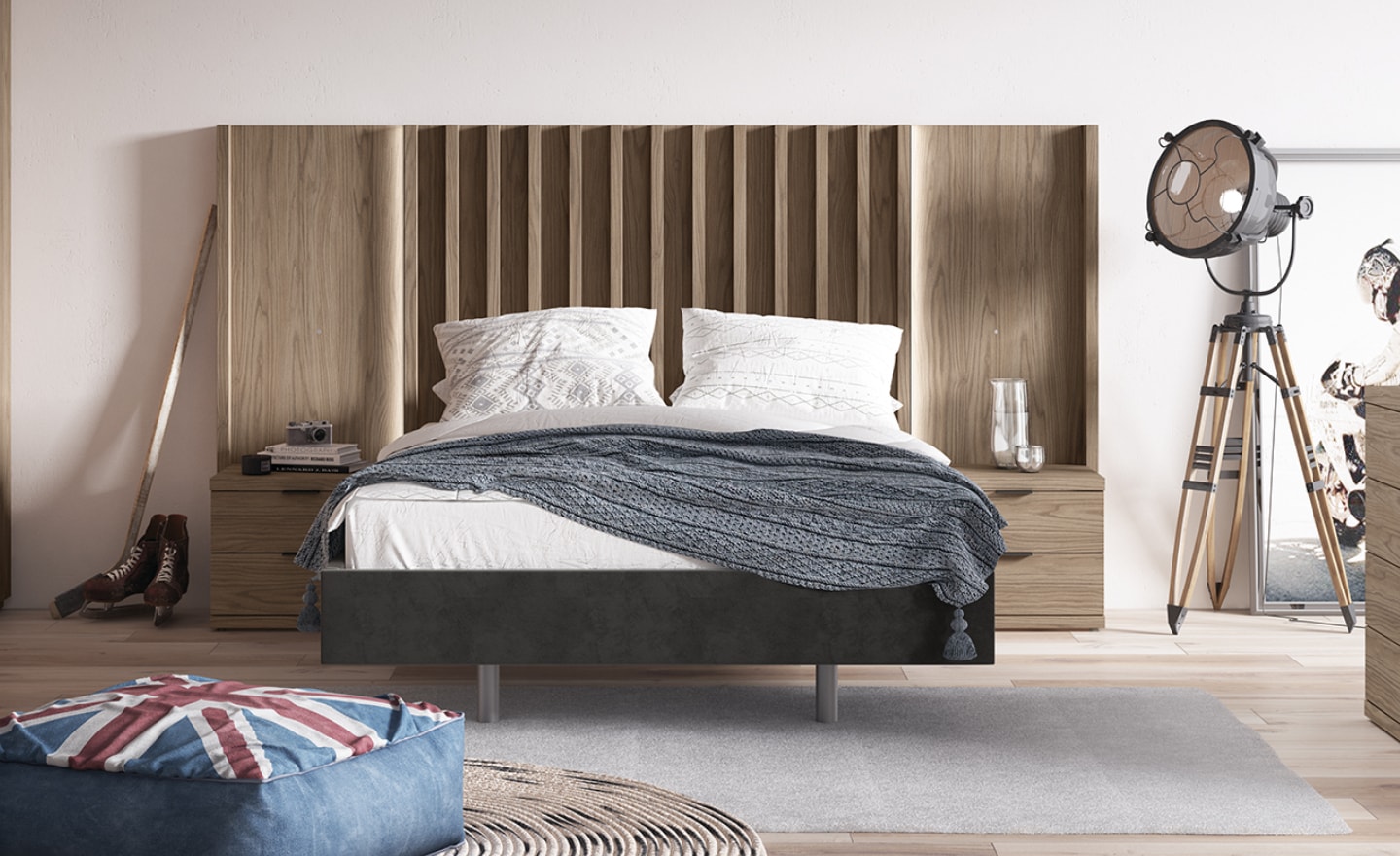 Quarto Individual Sonrie 93 com cama estofada, cabeceira LED e roupeiro espelhado | Moveistore