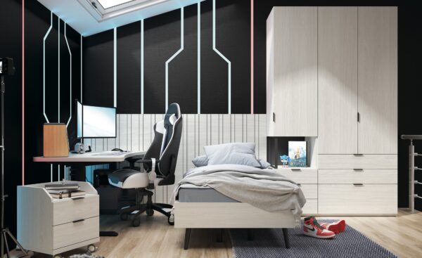 Quarto Individual Sonrie 88 com cama de solteiro e secretária elevável digital | Moveistore