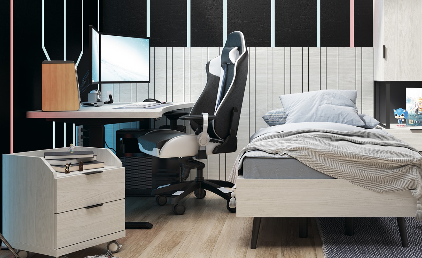 Quarto Individual Sonrie 88 com cama de solteiro e secretária elevável digital | Moveistore