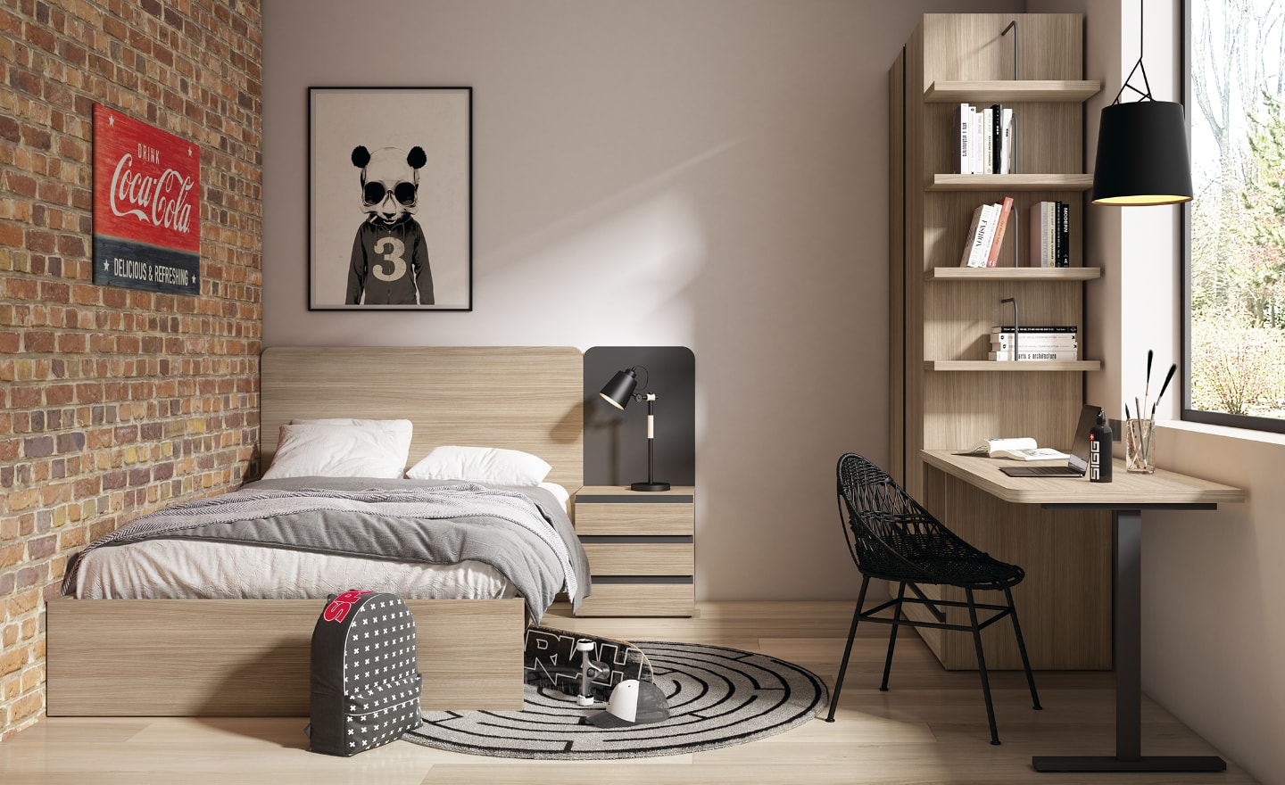 Quarto Individual Sonrie 90 com cama simples, secretária e estante integrada | Moveistore