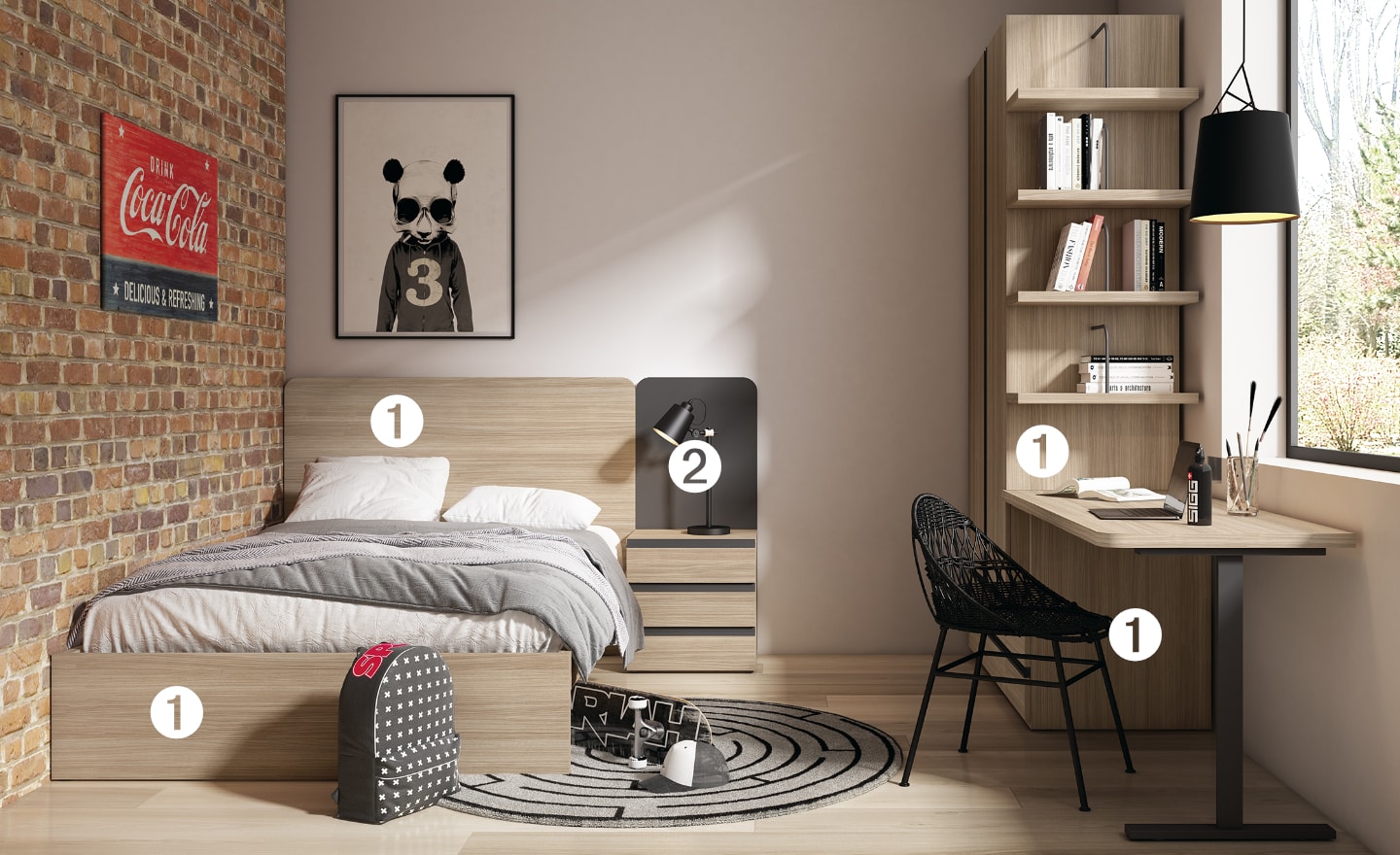 Quarto Individual Sonrie 90 com cama simples, secretária e estante integrada | Moveistore