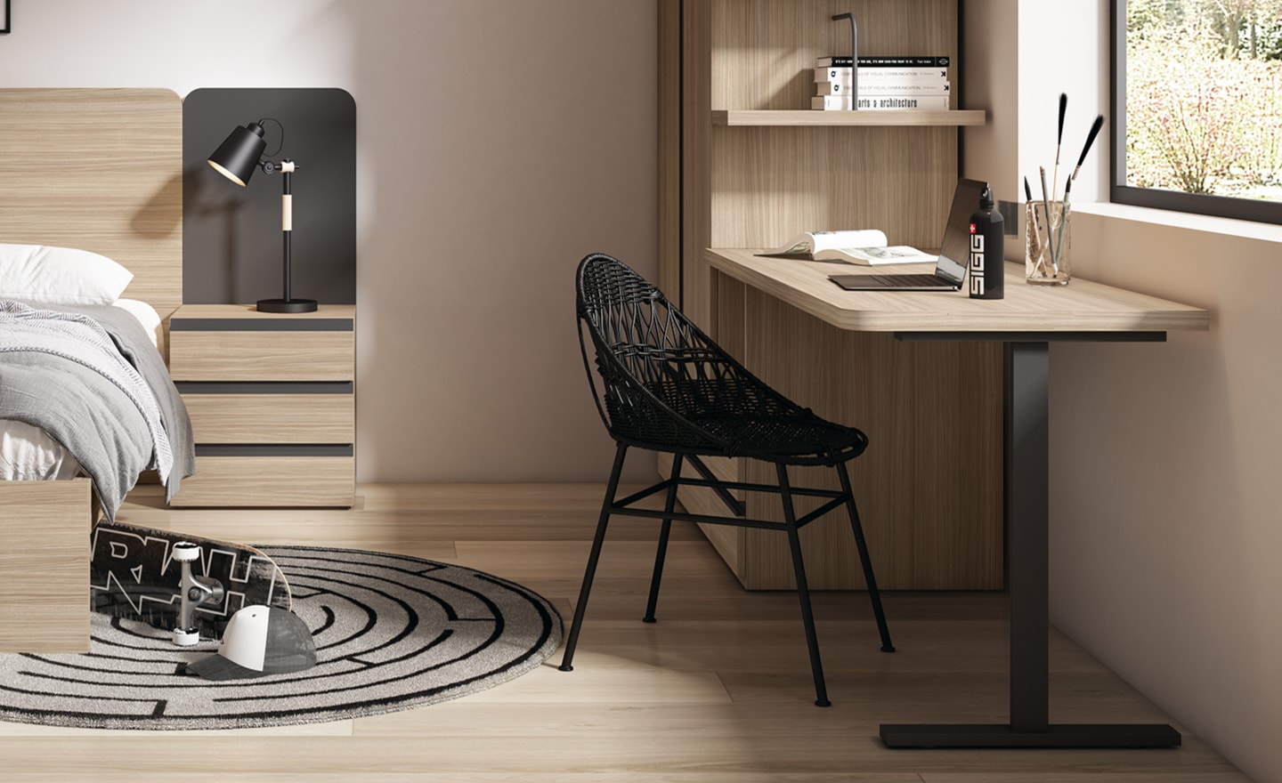 Quarto Sonrie 90 – cama com cabeceira arredondada e secretária com prateleiras