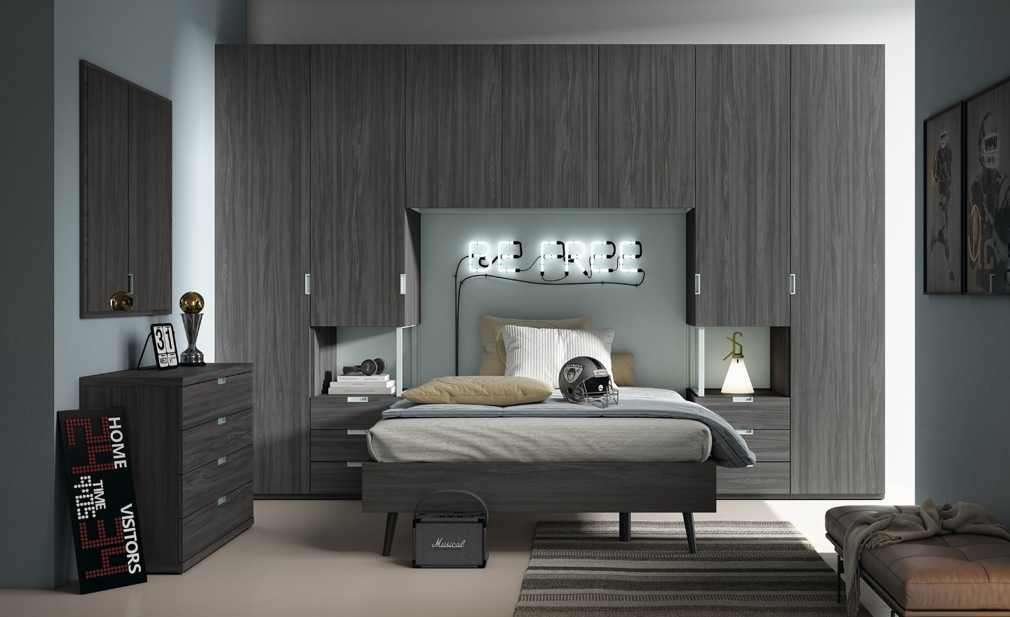 Quarto Individual Sonrie 91 com cama elevada, roupeiros e cómoda com espelho | Moveistore