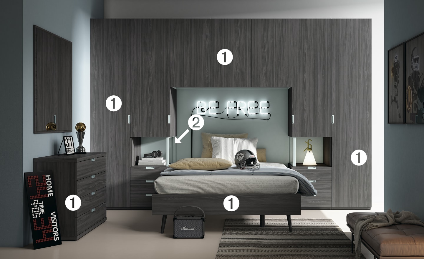 Quarto Individual Sonrie 91 com cama elevada, roupeiros e cómoda com espelho | Moveistore