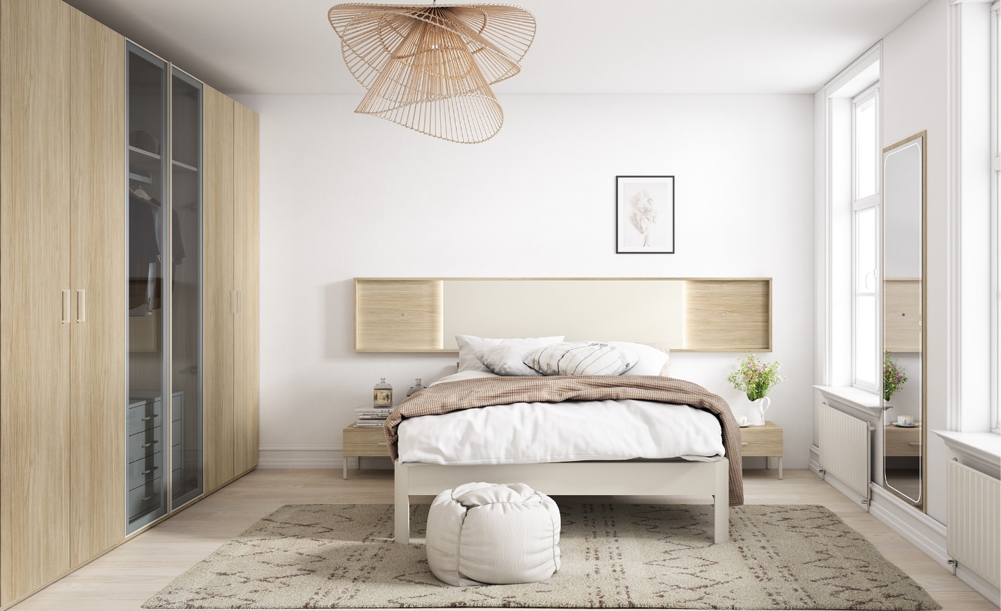 Quarto Individual Sonrie 94 com cama iluminada e roupeiro com portas em vidro fosco | Moveistore