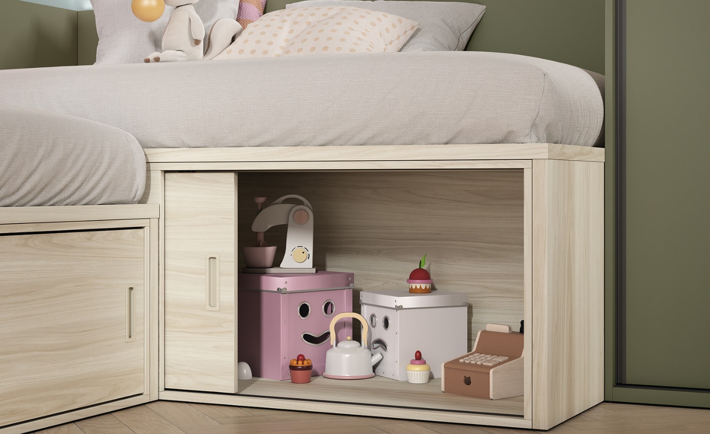 Quarto Juvenil 2 Camas Sonrie 52 com arrumação inferior e iluminação LED integrada | Moveistore