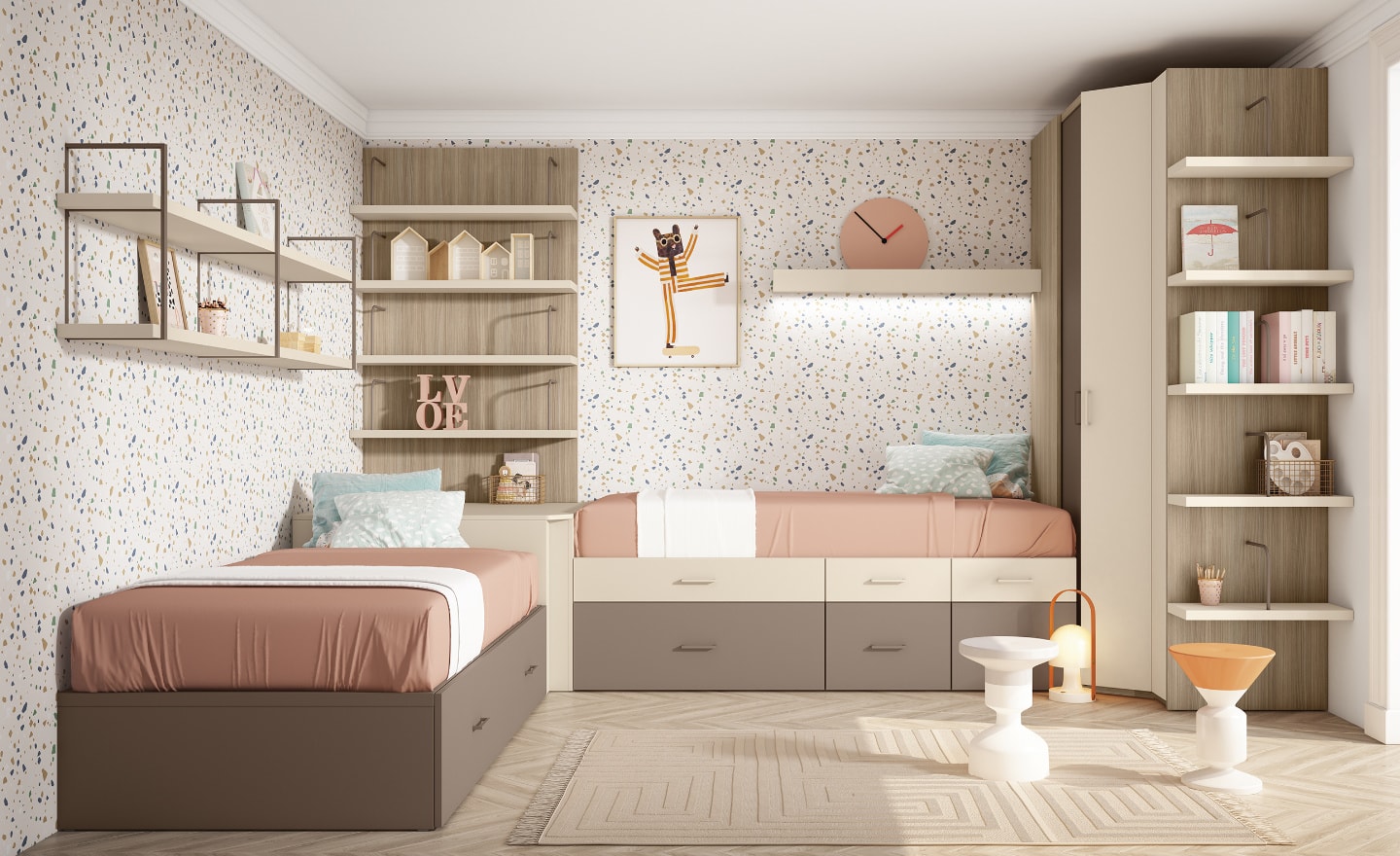 Quarto Juvenil Sonrie 57 com cama nido, gavetões e iluminação LED integrada | Moveistore