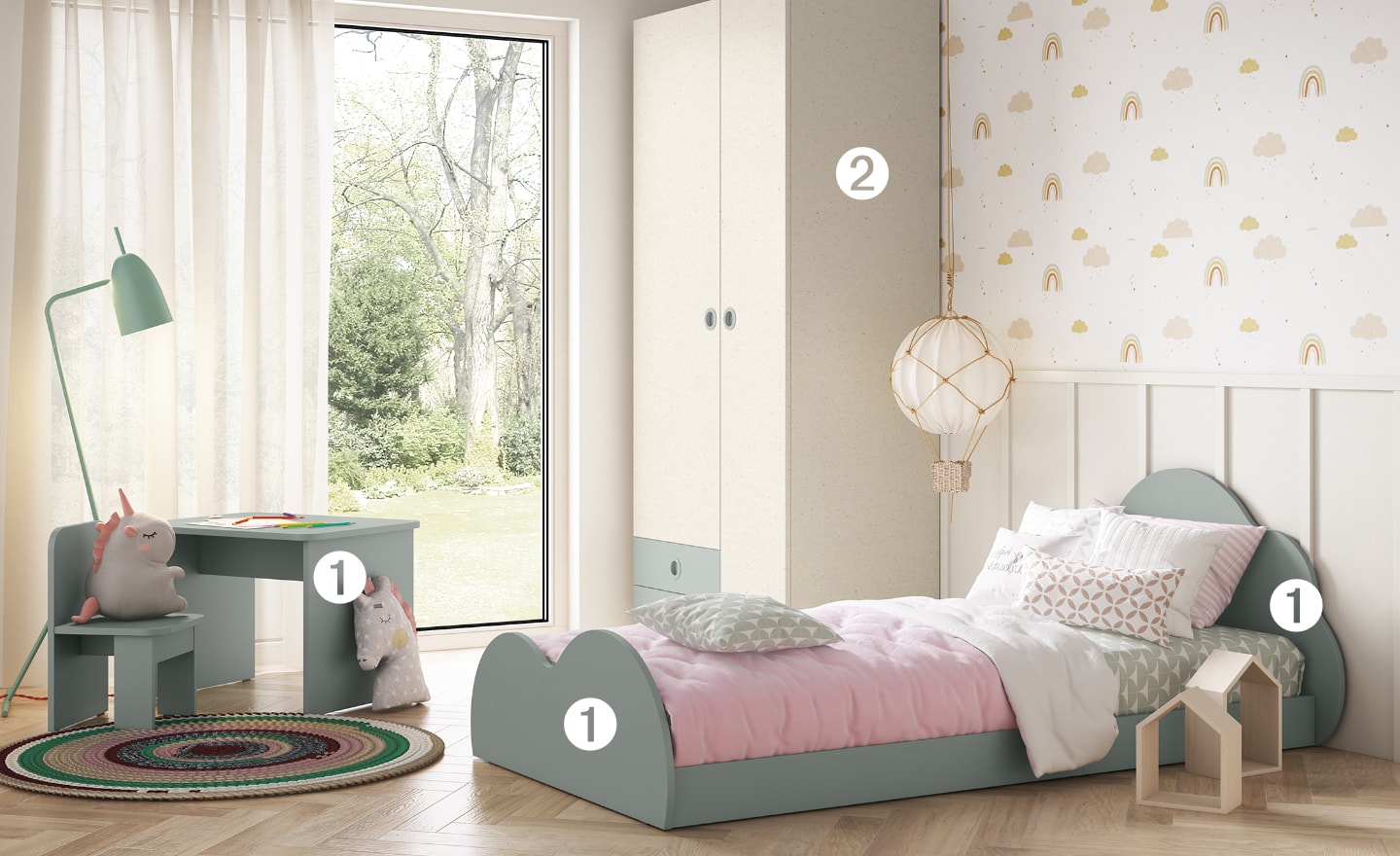 Quarto Juvenil Nuvem Sonrie 103 com cama de nuvem, secretária e roupeiro | Moveistore