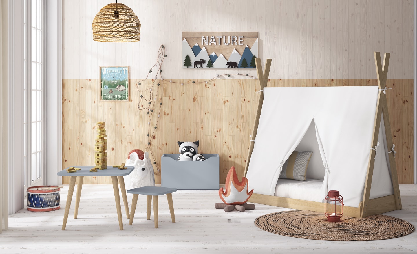 Quarto com Tipi Sonrie 102 com cama cabana, arrumação e mobiliário infantil | Moveistore