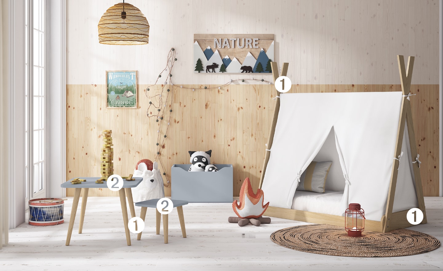 Quarto com Tipi Sonrie 102 com cama cabana, arrumação e mobiliário infantil | Moveistore