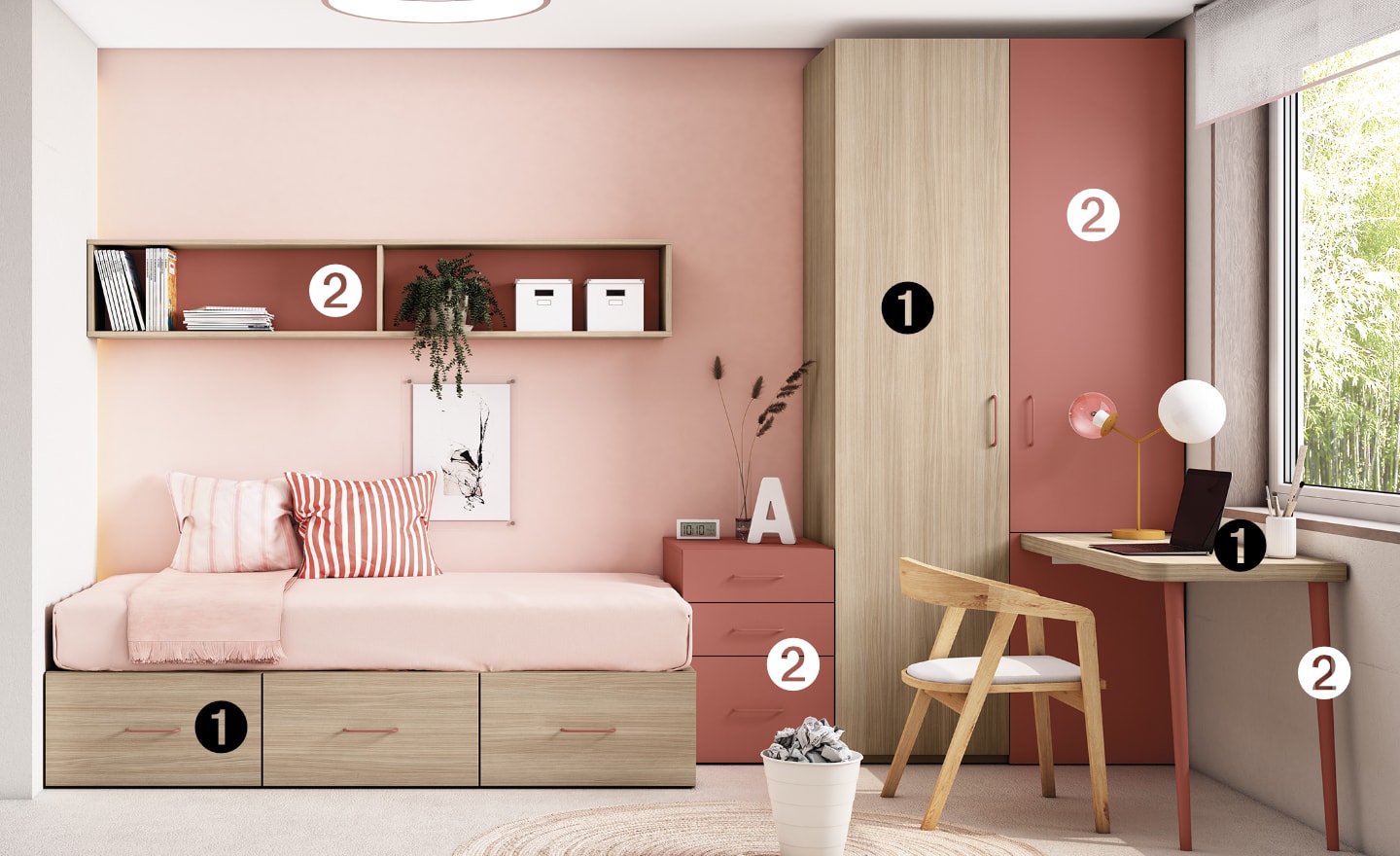Quarto Juvenil Sonrie 63 com cama de arrumação, roupeiro e secretária com pernas metálicas | Moveistore