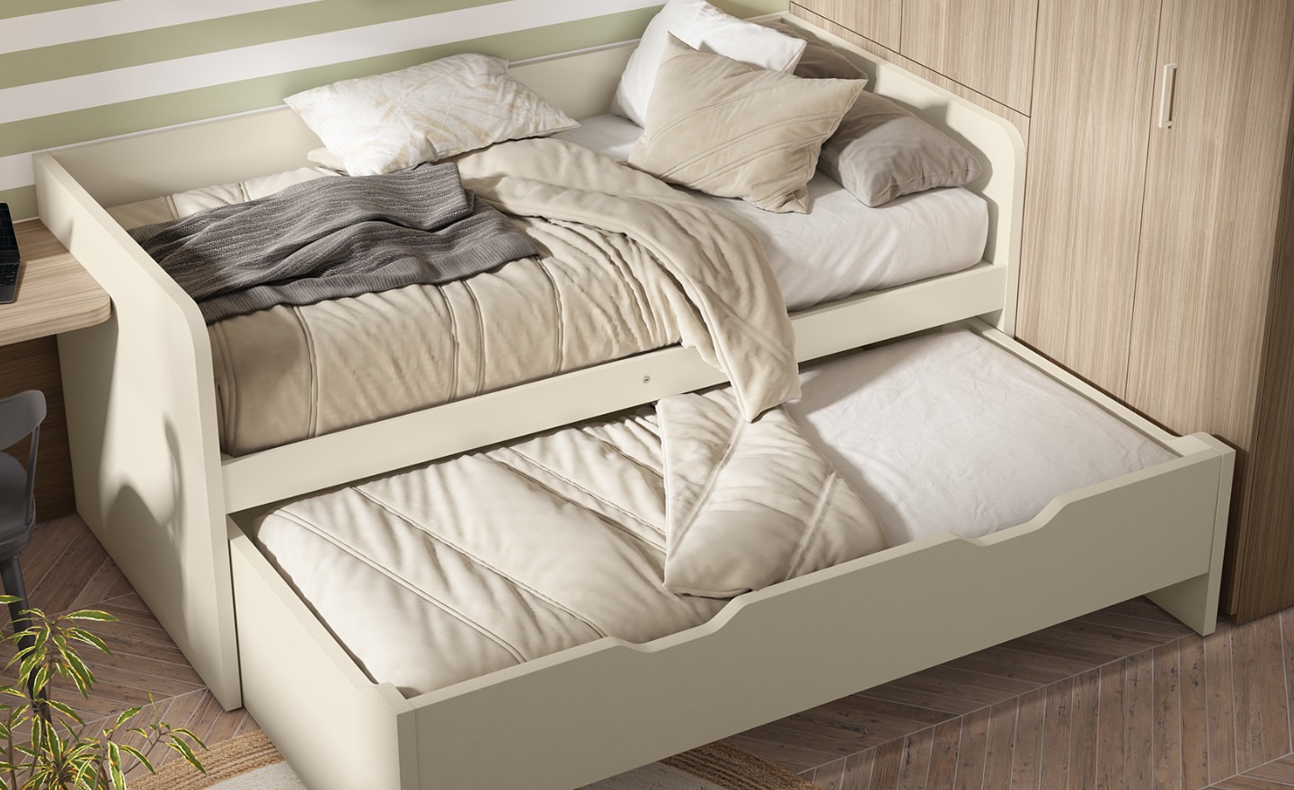 Quarto Juvenil Sonrie 34 com cama nido, secretária integrada, roupeiro aberto e armário suspenso | Moveistore