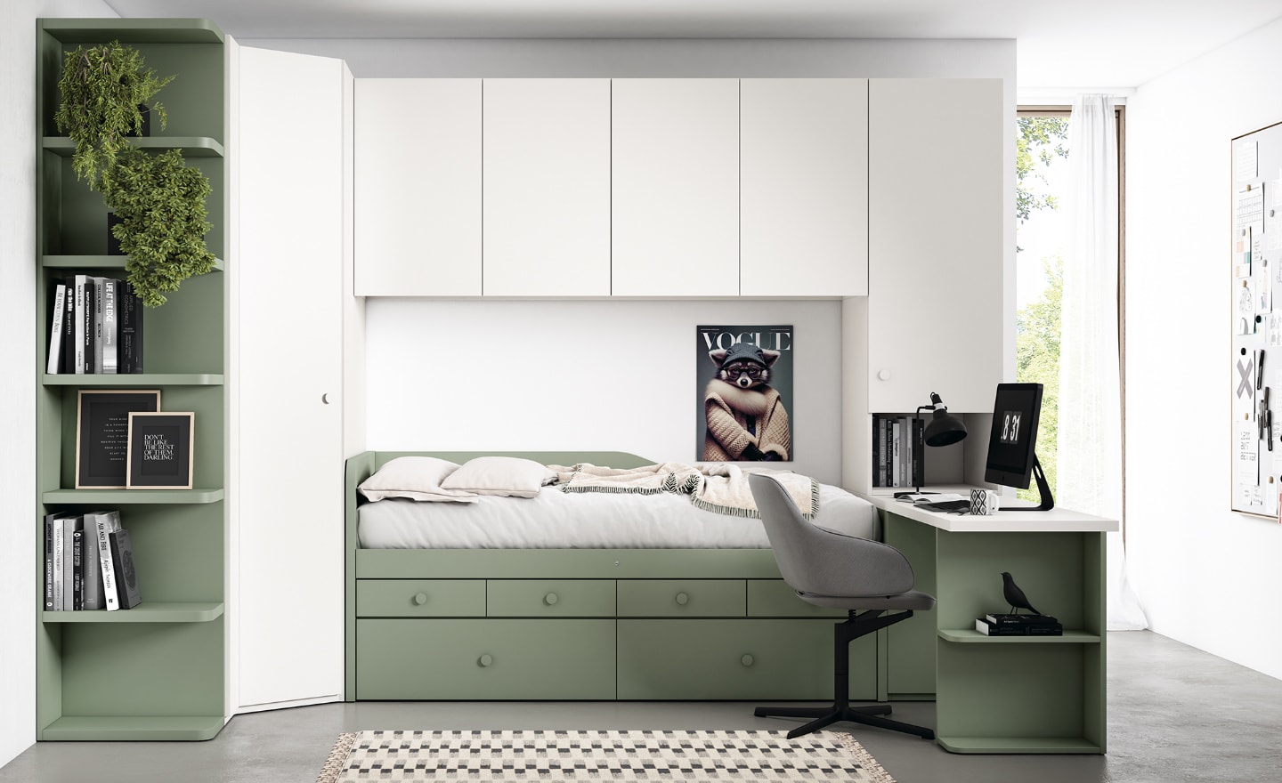 Quarto Juvenil Sonrie 35 com cama com gavetas, roupeiro de canto e secretária com estante lateral | Moveistore