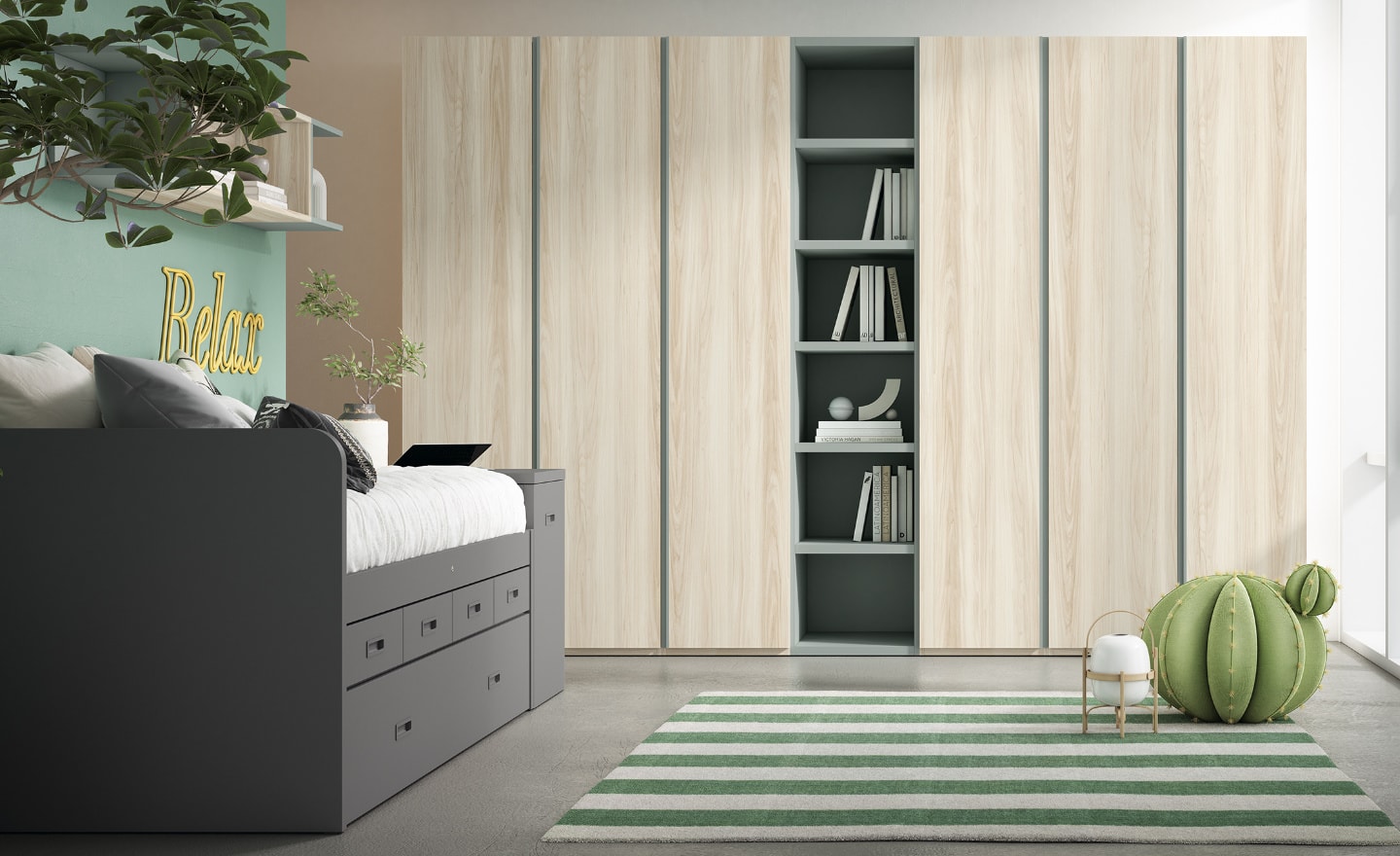 Quarto Juvenil Sonrie 36 com cama nido extensível, secretária com baú e roupeiro modular com estante | Moveistore
