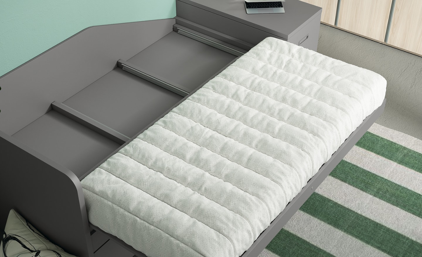 Quarto Juvenil Sonrie 36 com cama nido extensível, secretária com baú e roupeiro modular com estante | Moveistore