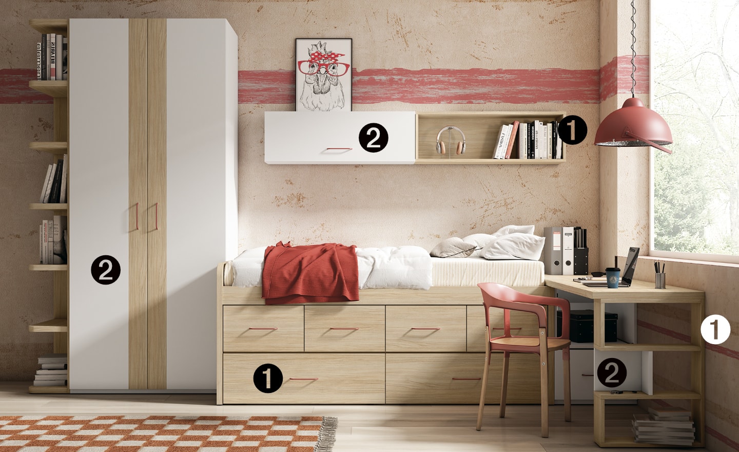Quarto Juvenil Sonrie 39 com cama elevada, secretária com nichos e roupeiro com estante integrada | Moveistore