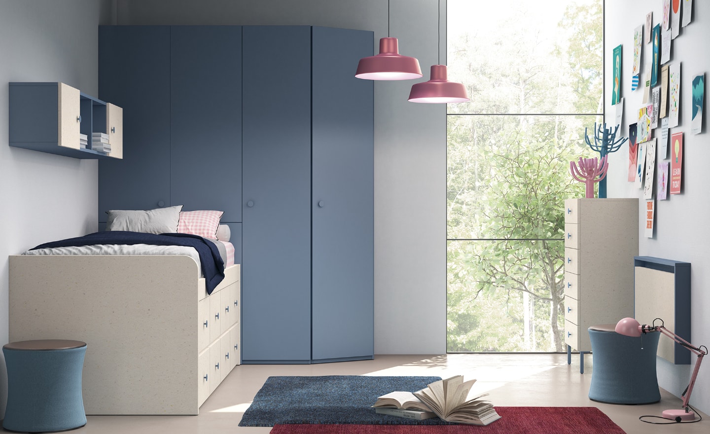 Quarto Juvenil Sonrie 40 com cama com gavetas, secretária rebatível e roupeiro compacto | Moveistore