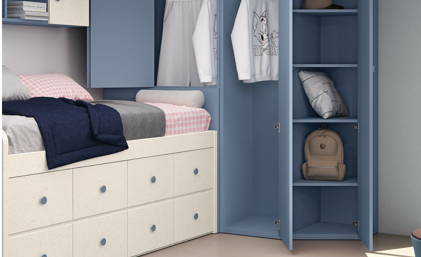 Quarto Juvenil Sonrie 40 com cama com gavetas, secretária rebatível e roupeiro compacto | Moveistore
