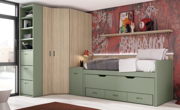Quarto Juvenil Sonrie 43 com cama nido, secretária extensível e roupeiro de canto moderno | Moveistore