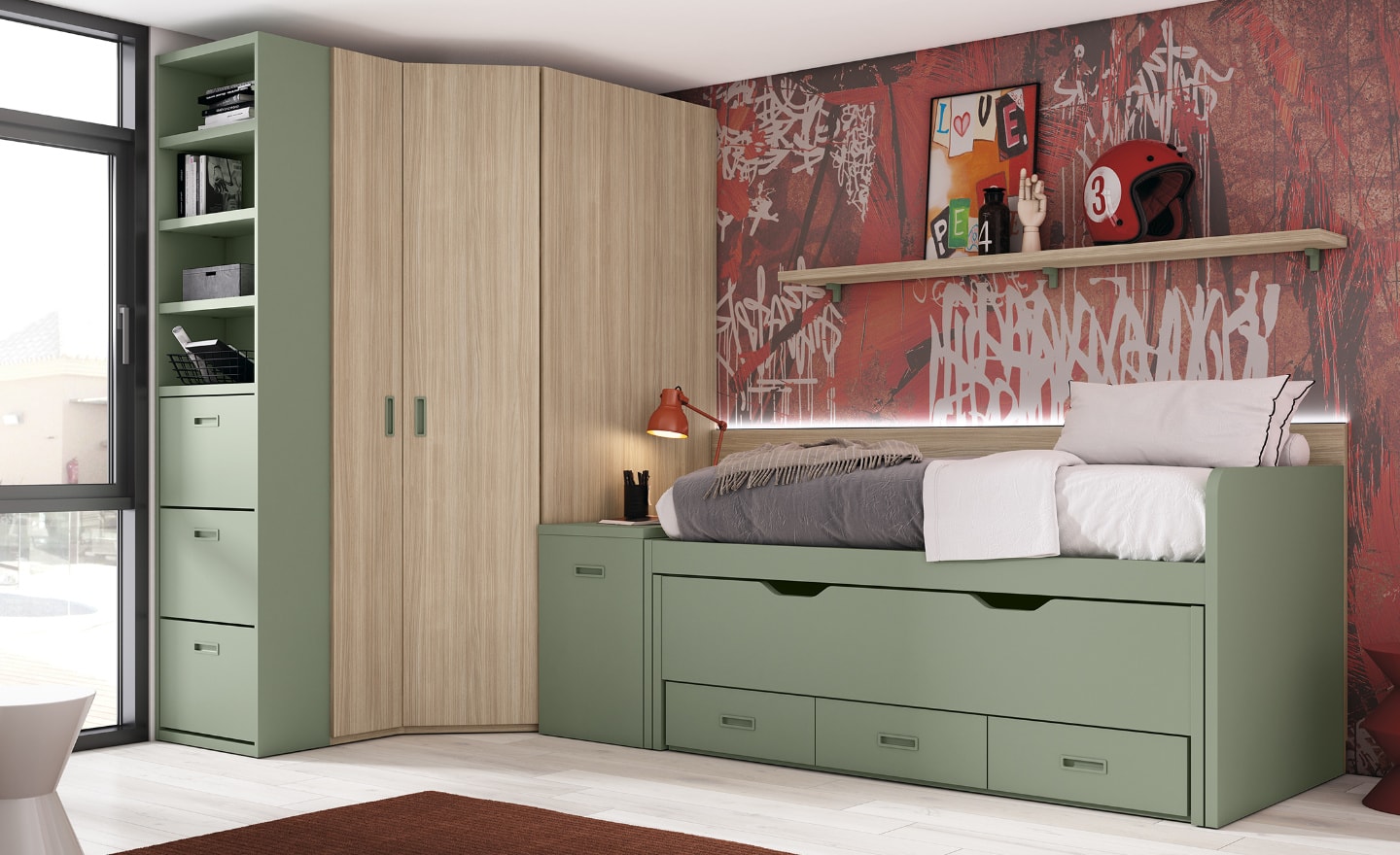 Quarto Sonrie 43 – Cama Nido com Gavetões, Secretária Extensível e Arrumação Completa