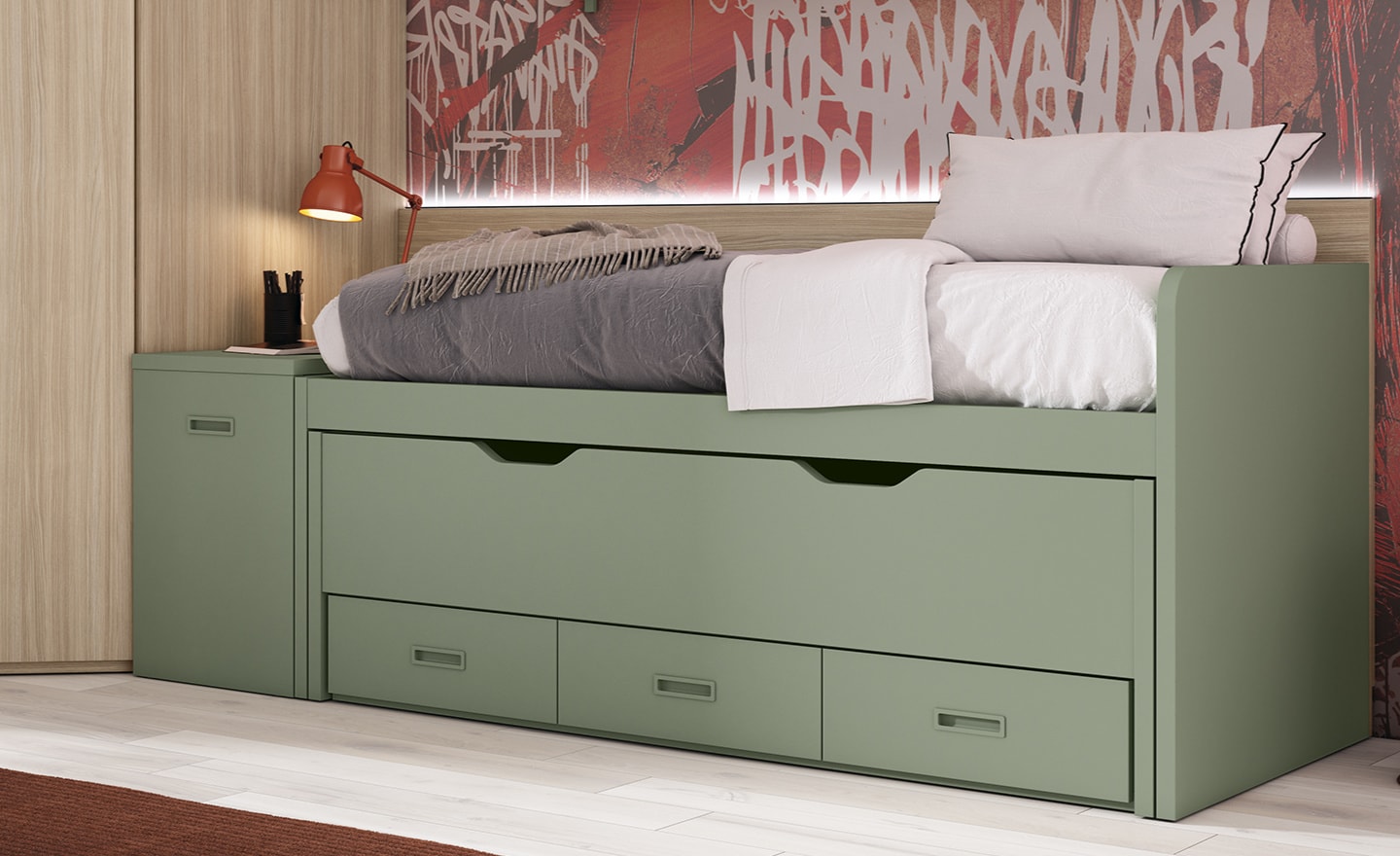 Quarto Sonrie 43 – Cama Nido com Gavetões, Secretária Extensível e Arrumação Completa