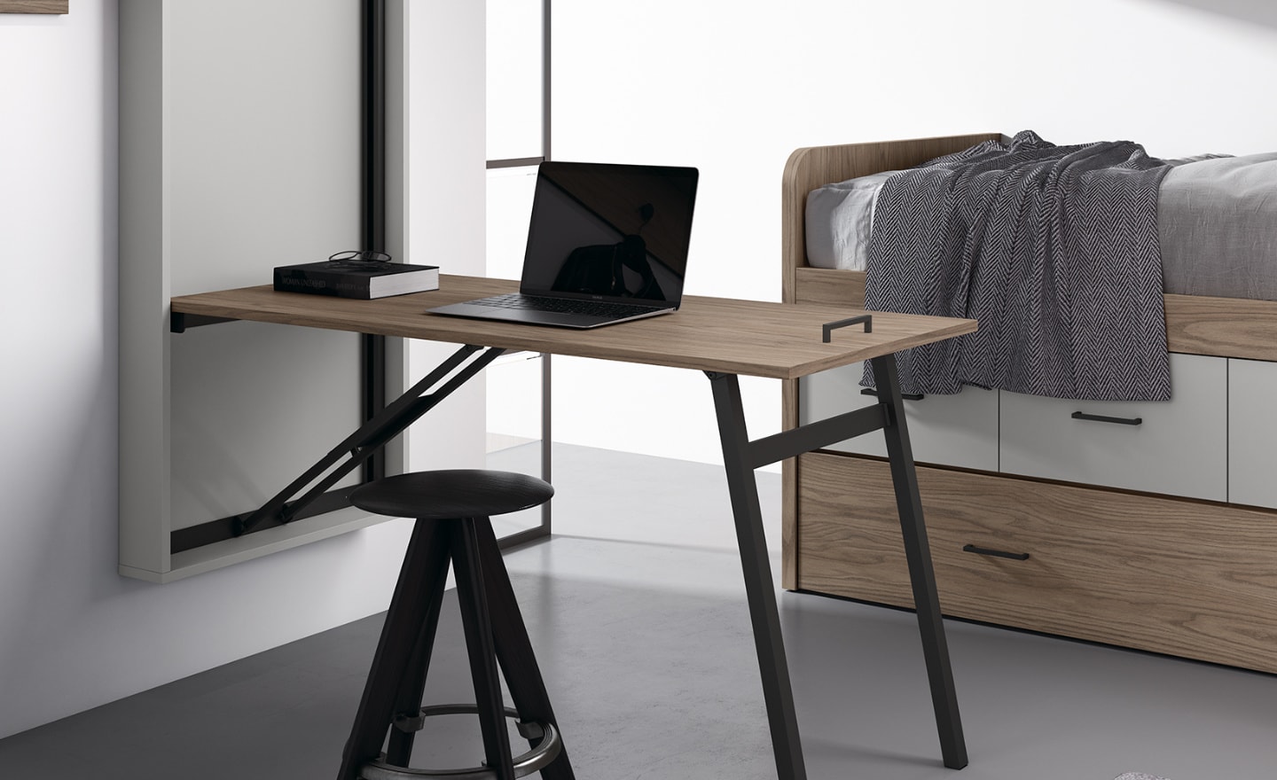 Quarto Juvenil Sonrie 44 com cama elevada, gavetas, secretária rebatível e roupeiro compacto | Moveistore