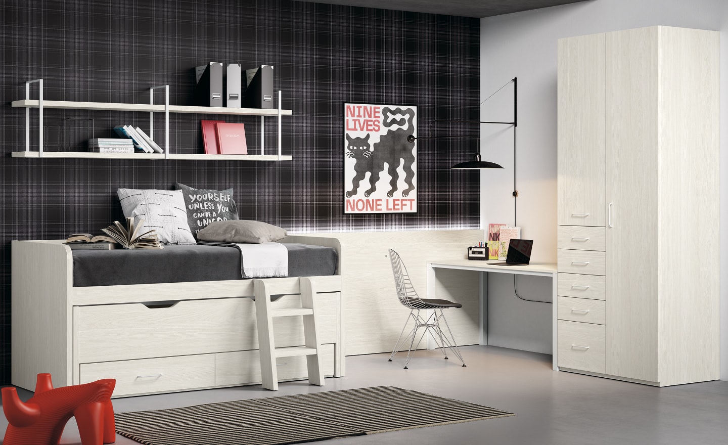 Quarto Juvenil Sonrie 45 com cama de arrasto, secretária integrada e roupeiro compacto | Moveistore