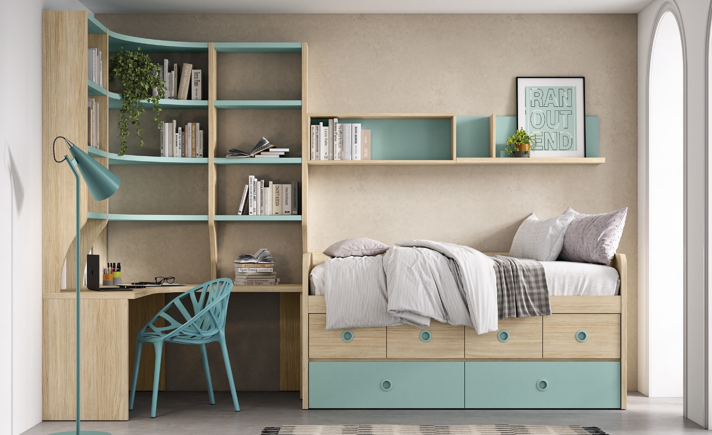 Quarto Juvenil Sonrie 46 com cama gavetões, secretária ampla e estantes decorativas | Moveistore