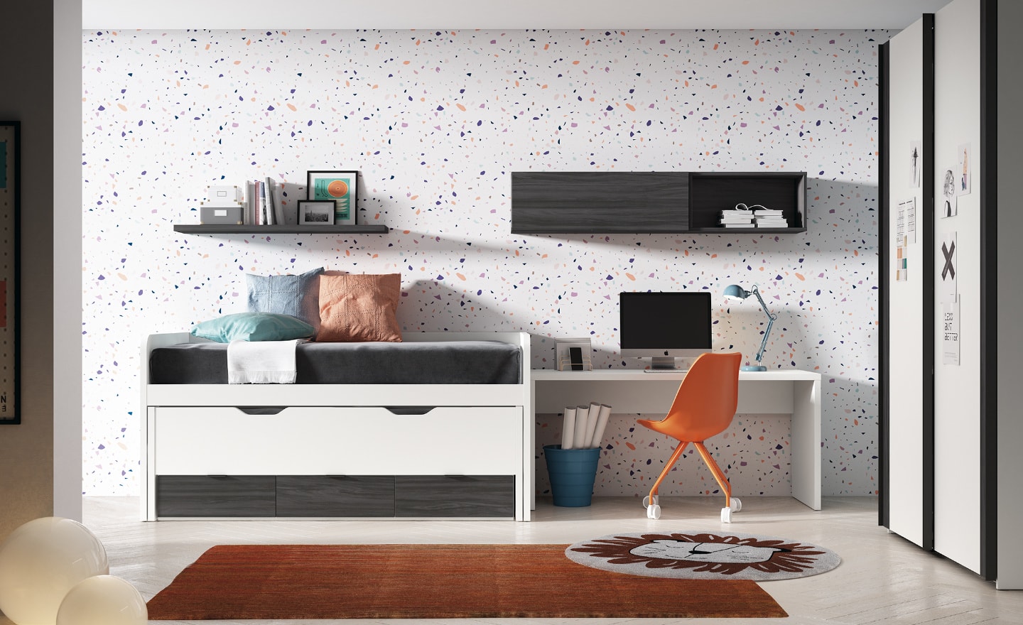 Quarto Juvenil Sonrie 47 com cama gavetões, secretária estável e módulos superiores modernos | Moveistore