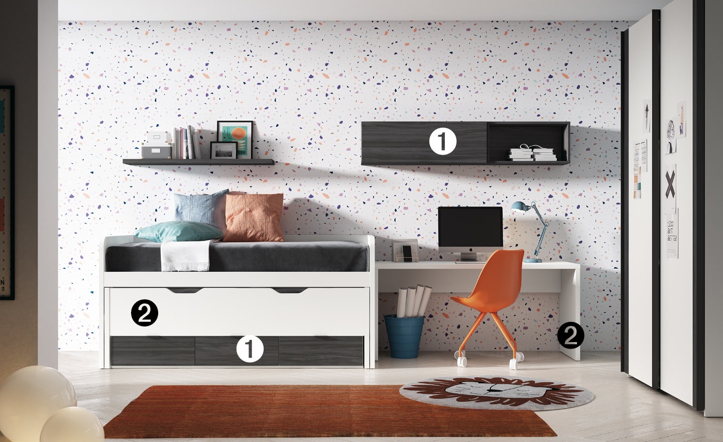 Quarto Juvenil Sonrie 47 com cama gavetões, secretária estável e módulos superiores modernos | Moveistore