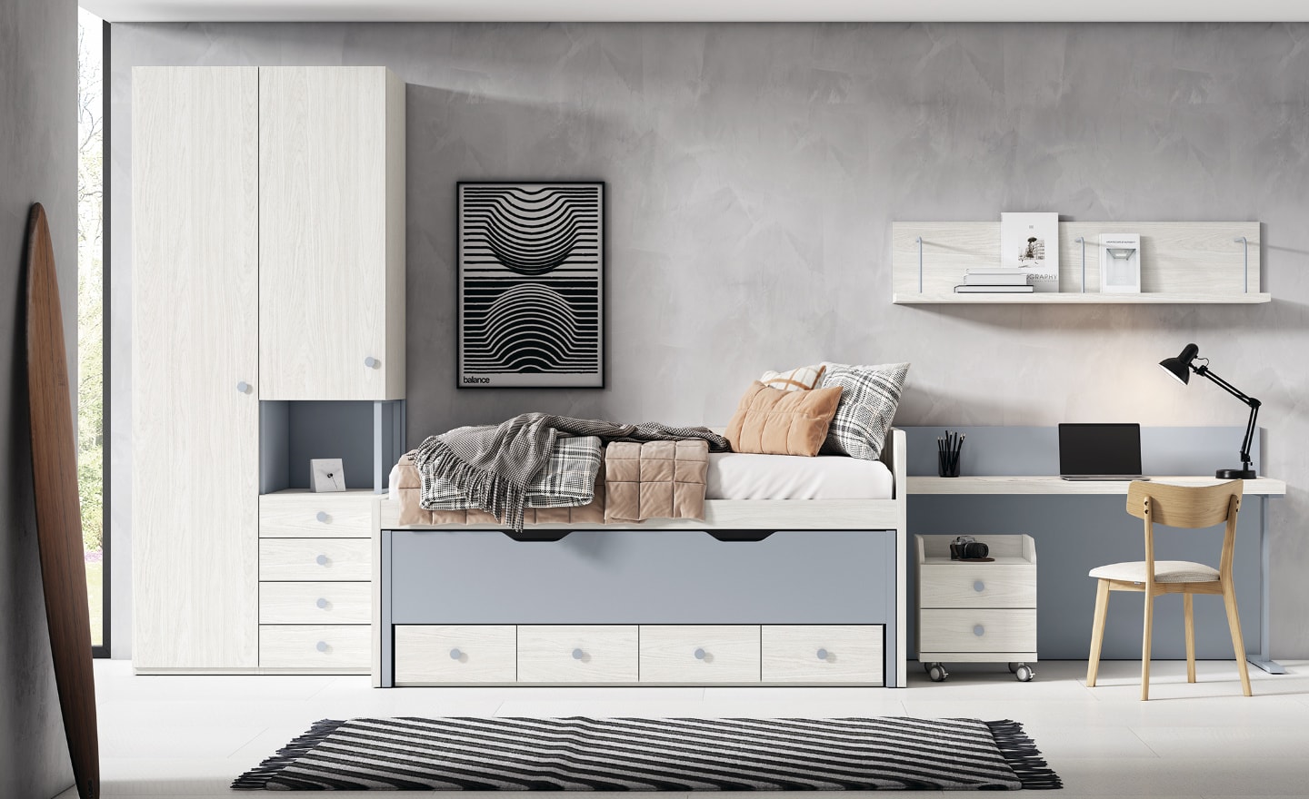Quarto Juvenil Sonrie 48 com cama nido, secretária com rodas e roupeiro de 2 portas | Moveistore