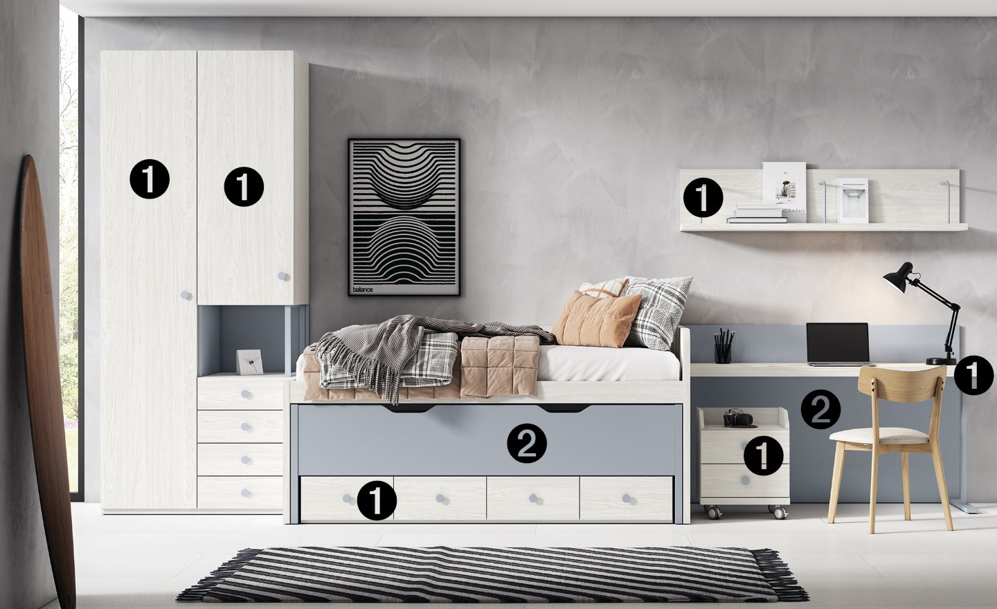 Quarto Juvenil Sonrie 48 com cama nido, secretária com rodas e roupeiro de 2 portas | Moveistore