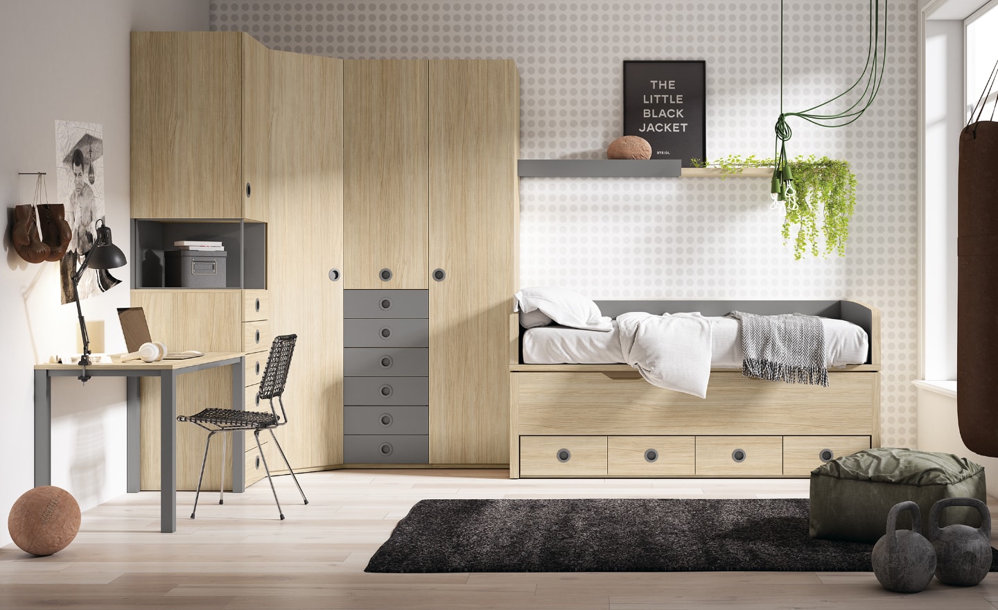 Quarto Juvenil Sonrie 49 com cama compacta, roupeiro de canto e secretária iluminada | Moveistore