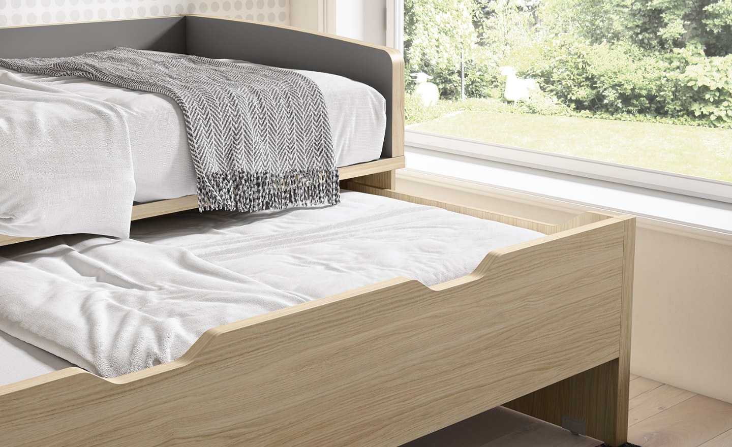 Quarto Juvenil Sonrie 49 com cama compacta, roupeiro de canto e secretária iluminada | Moveistore