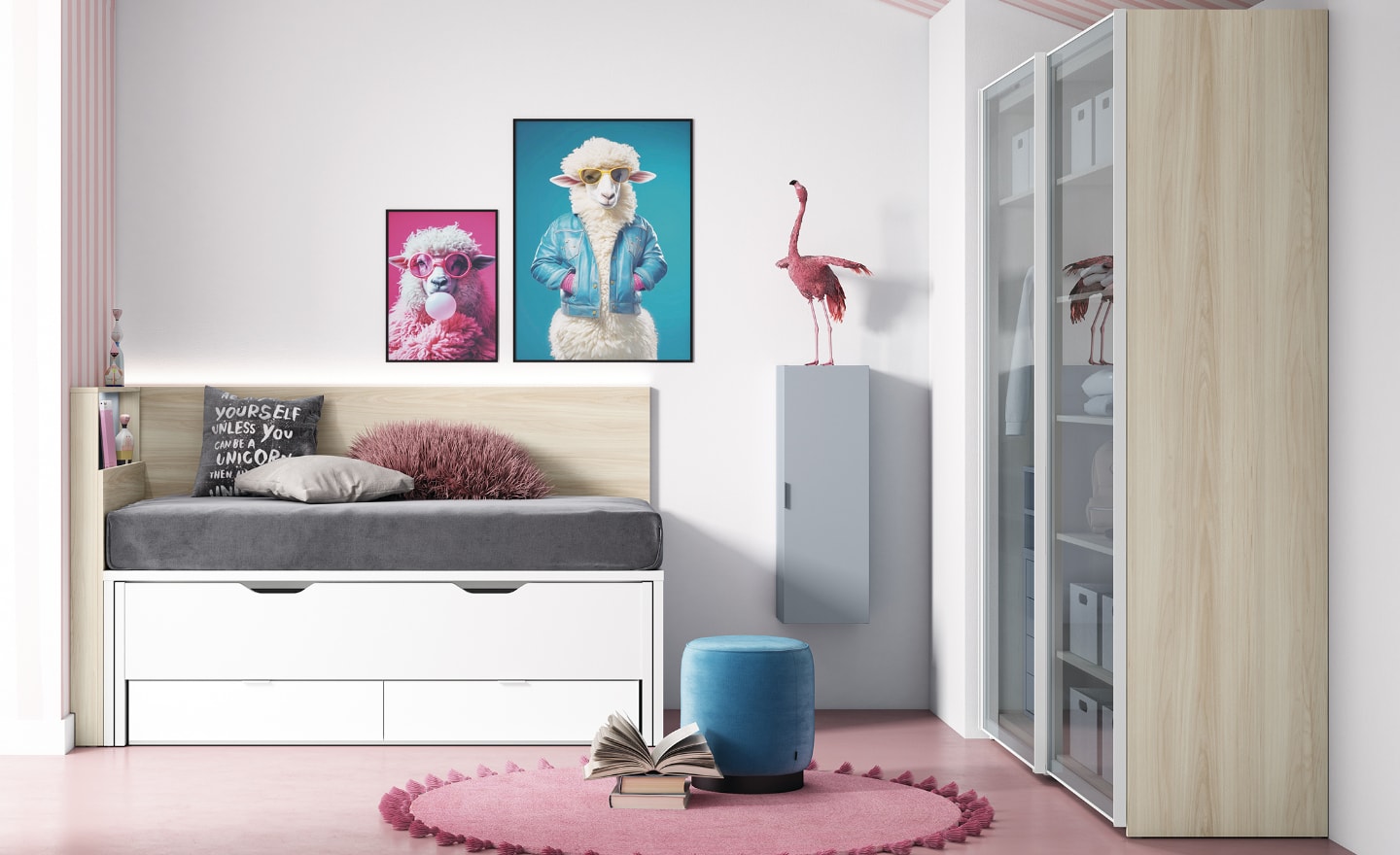 Quarto Juvenil Sonrie 50 com cama oculta, armário de vidro e iluminação LED | Moveistore