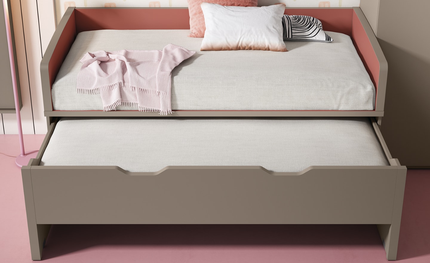 Quarto Juvenil Sonrie 51 com cama de arrasto, secretária rebatível e arrumação prática | Moveistore